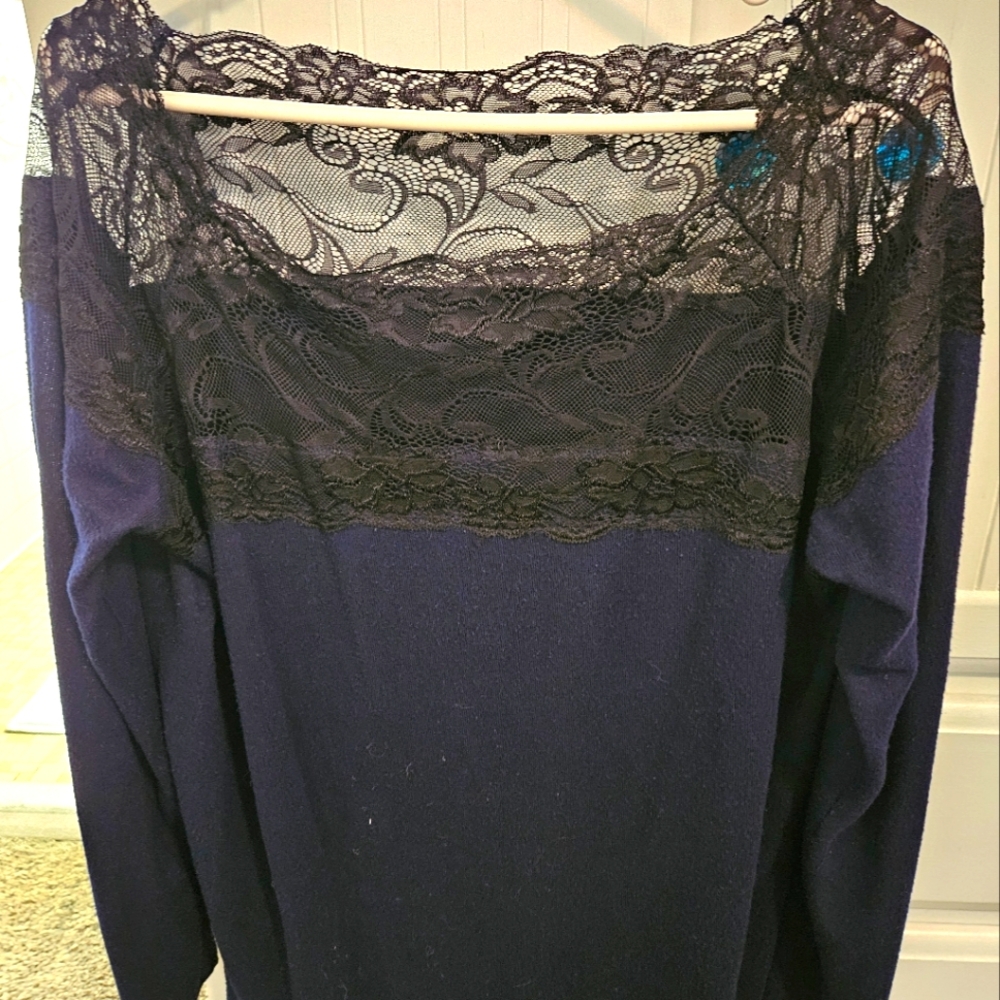 Navy sweater with lace neckline